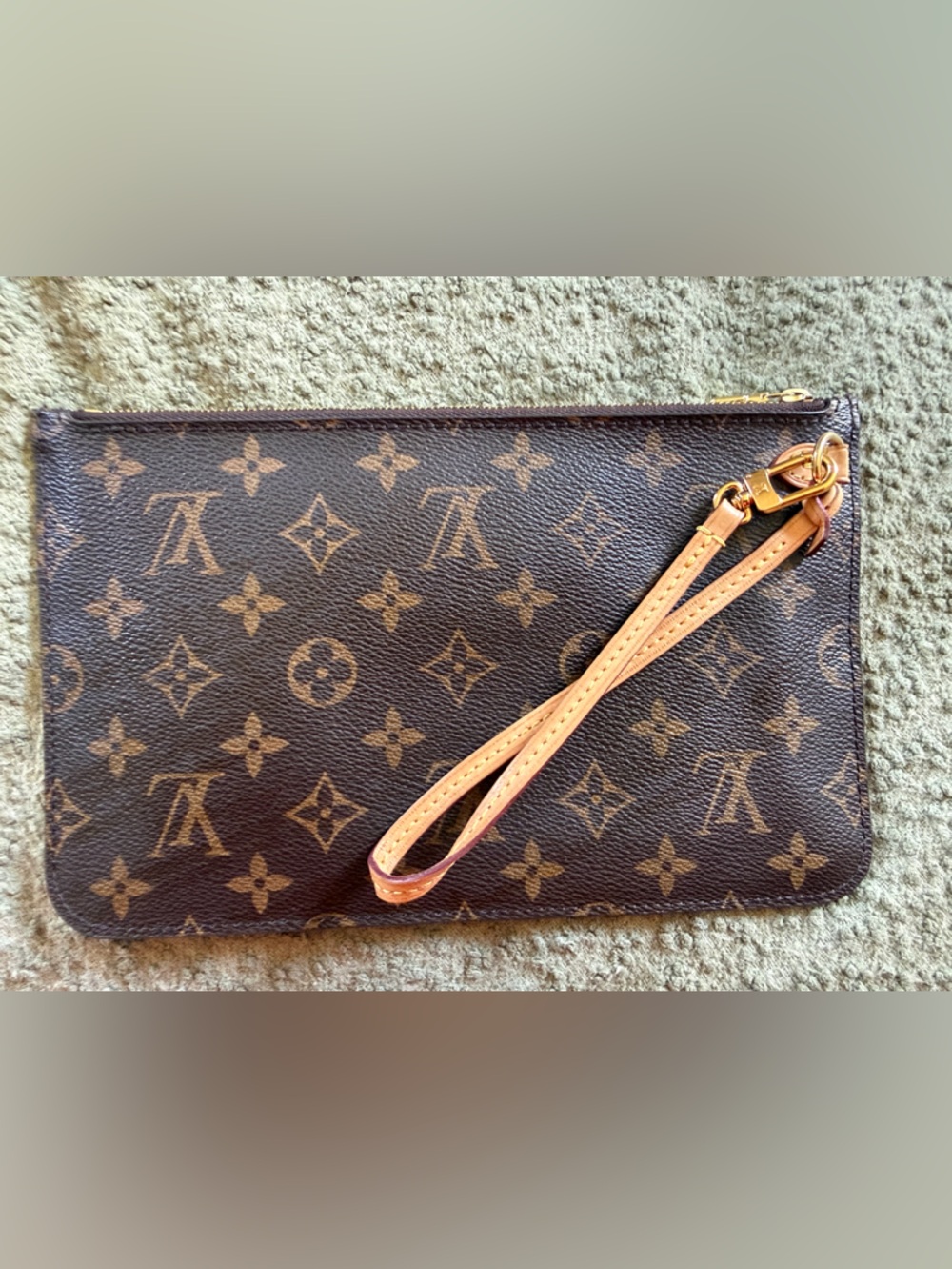 Louis Vuitton Brown Monogram Canvas Wristlet Clutch with Tan Strap